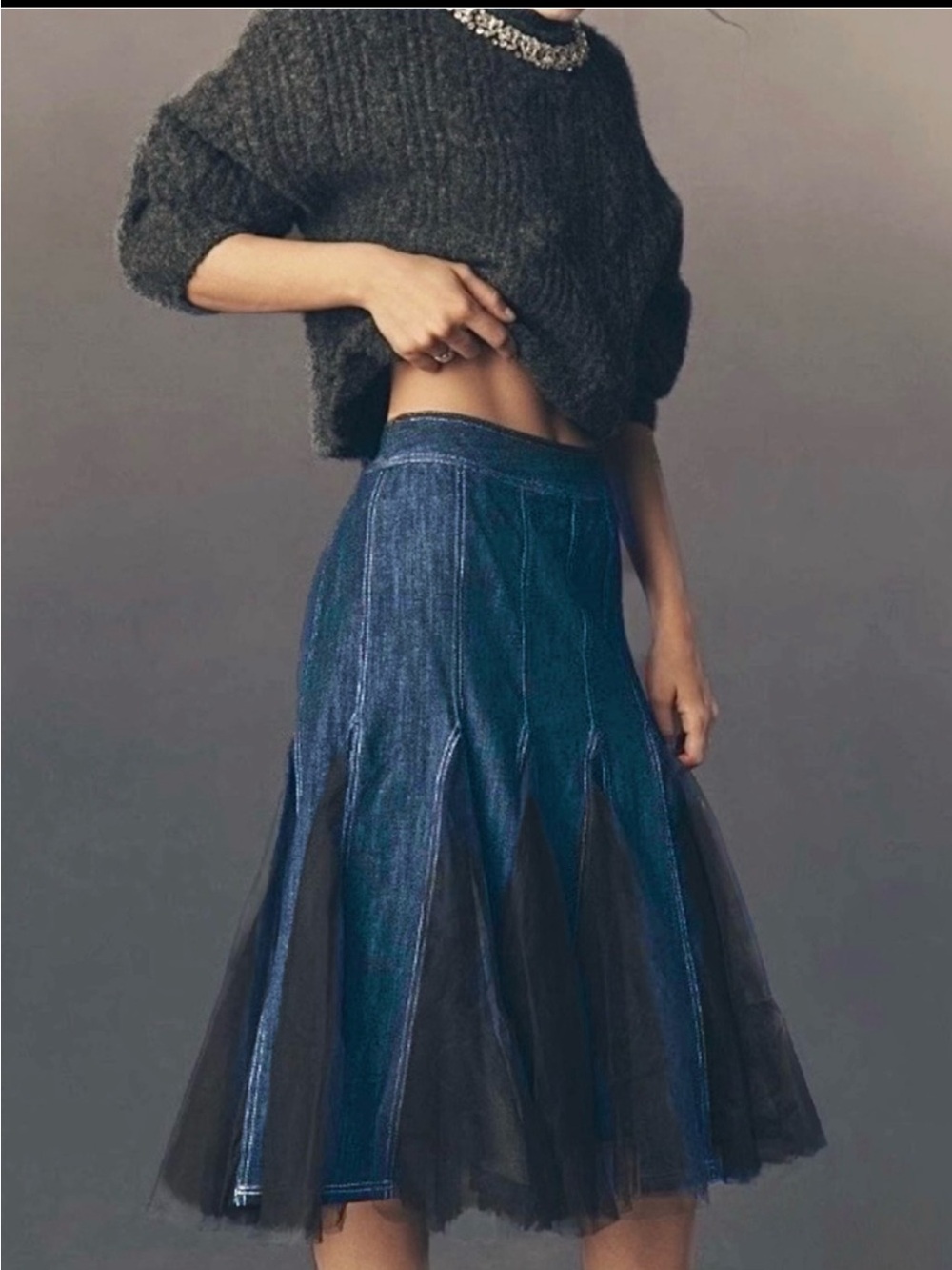 Anthropologie Pilcro Tulle Godet Denim Mid Skirt size 8 NWT